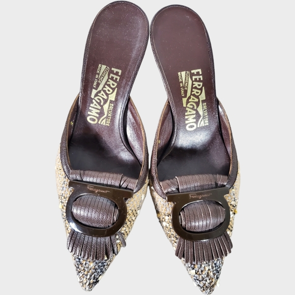 Salvatore Ferragamo Shoes - Salvatore Ferragamo Multicolor Tweed Leather Fringe Pointed Toe Kitten Heels 6.5
